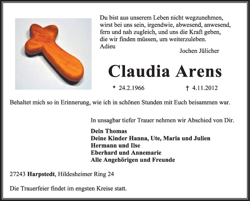  Traueranzeige für Claudia Arens vom 09.11.2012 aus KRZ