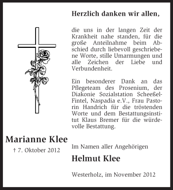 Traueranzeige von Marianne Klee von KRZ