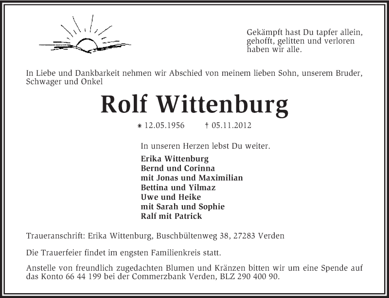  Traueranzeige für Rolf Wittenburg vom 10.11.2012 aus KRZ