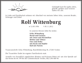 Traueranzeige von Rolf Wittenburg von KRZ