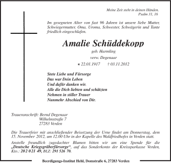 Traueranzeige von Amalie Schüddekopp von KRZ