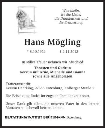 Traueranzeige von Hans Mögling von KRZ