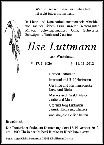 Traueranzeige von Ilse Luttmann von KRZ