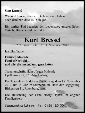 Traueranzeige von Kurt Bressel von KRZ