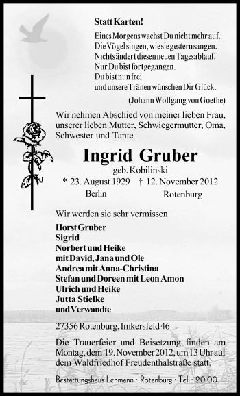 Traueranzeige von Ingrid Gruber von KRZ