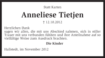 Traueranzeige von Anneliese Tietjen von KRZ