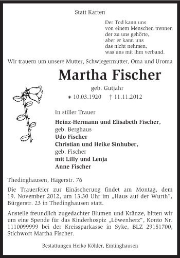 Traueranzeige von Martha Fischer von KRZ