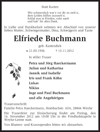 Traueranzeige von Elfriede Buchmann von KRZ