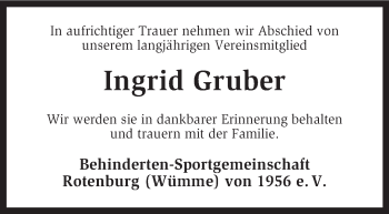 Traueranzeige von Ingrid Gruber von KRZ