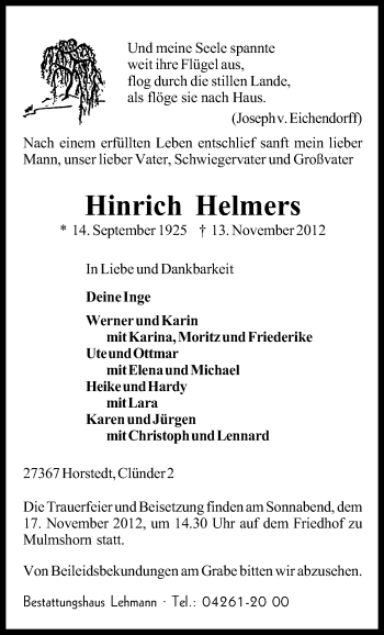 Traueranzeige von Hinrichs Helmers von KRZ