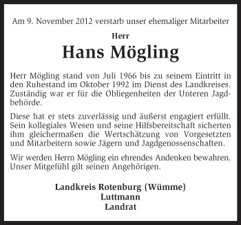 Traueranzeige von Hans Mögling von KRZ