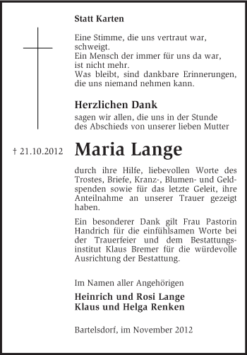 Traueranzeigen von Maria Lange | trauer.kreiszeitung.de