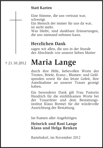 Traueranzeige von Maria Lange von KRZ