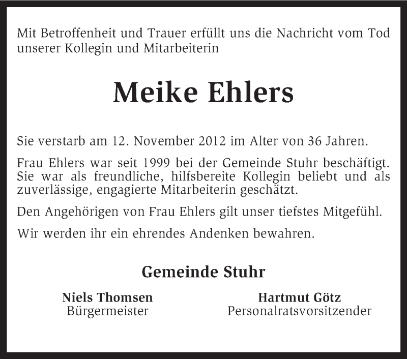  Traueranzeige für Meike Ehlers vom 17.11.2012 aus KRZ