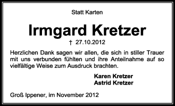 Traueranzeige von Irmgard Kretzer von KRZ