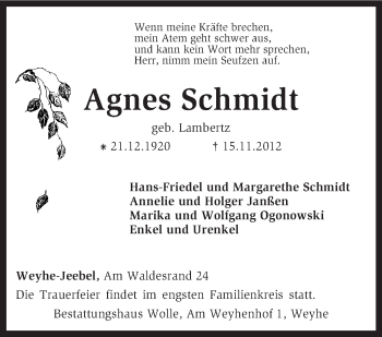 Traueranzeige von Agnes Schmidt von KRZ