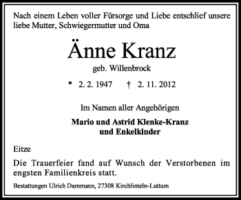 Traueranzeige von Änne Kranz von KRZ