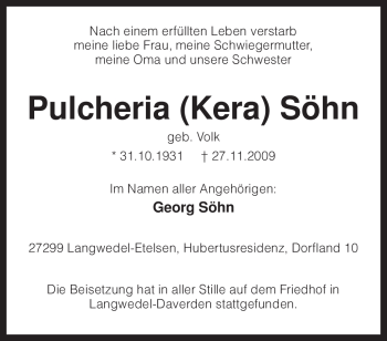 Traueranzeige von Pulcheria Söhn von KREISZEITUNG SYKE