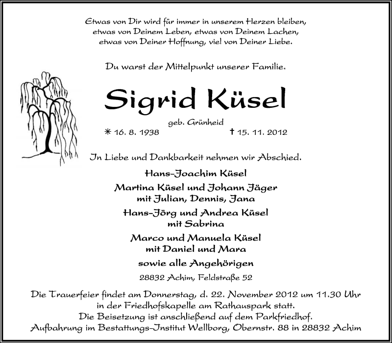  Traueranzeige für Sigrid Küsel vom 19.11.2012 aus KRZ