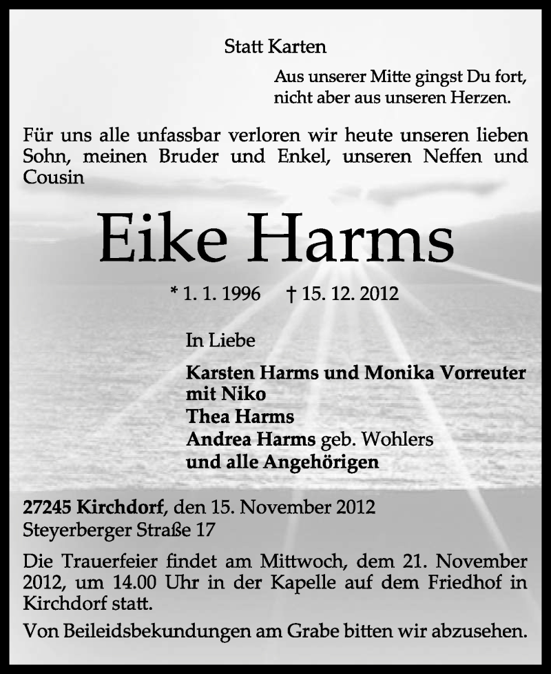 Traueranzeige für Eike Harms vom 19.11.2012 aus KRZ