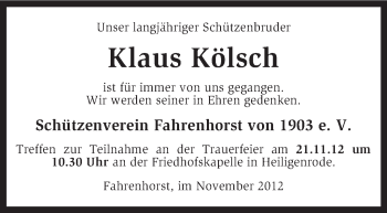 Traueranzeige von Klaus Kölsch von KRZ