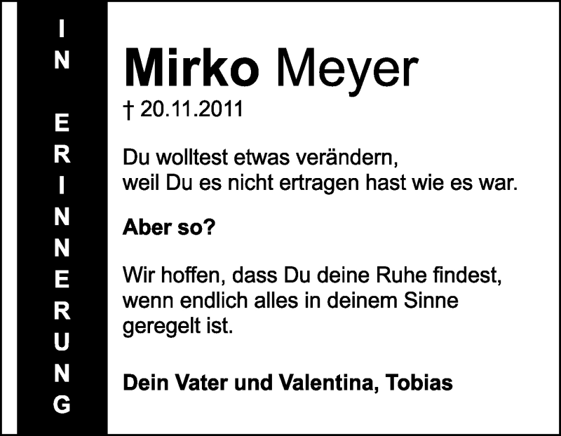  Traueranzeige für Mirko Meyer vom 20.11.2012 aus KRZ