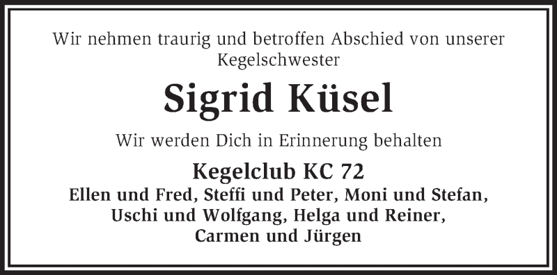  Traueranzeige für Sigrid Küsel vom 20.11.2012 aus KRZ