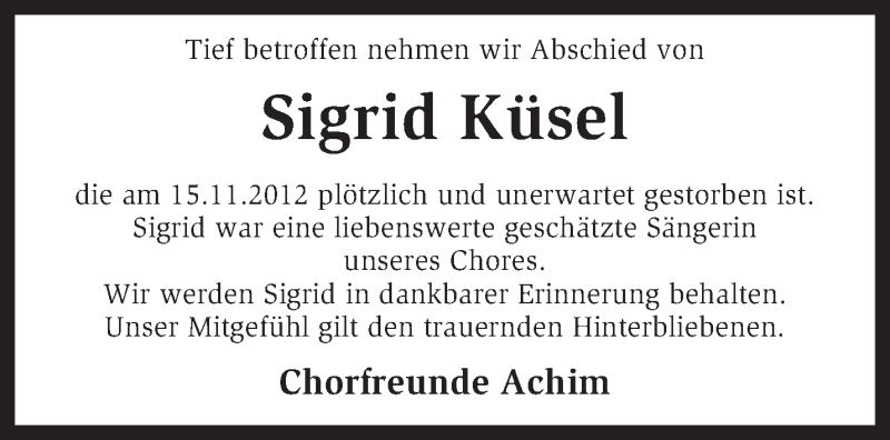  Traueranzeige für Sigrid Küsel vom 20.11.2012 aus KRZ