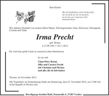 Traueranzeige von Irma Precht von KRZ