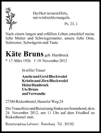 Traueranzeige von Käte Bruns von KRZ