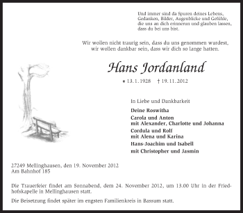 Traueranzeige von Hans Jordanland von KRZ