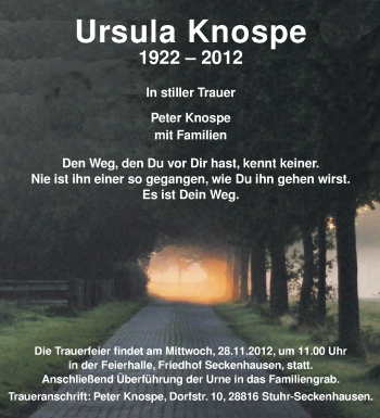 Traueranzeige von Ursula Knospe von KRZ