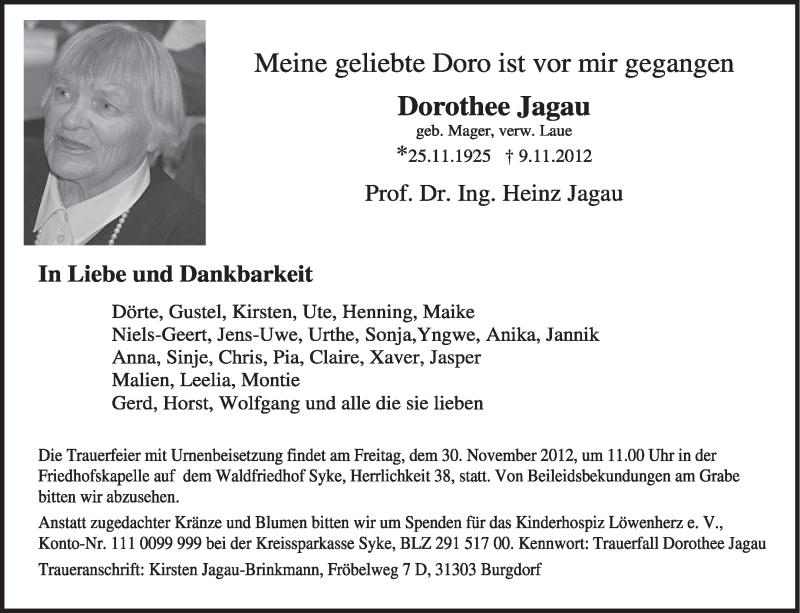  Traueranzeige für Dorothee Jagau vom 24.11.2012 aus KRZ