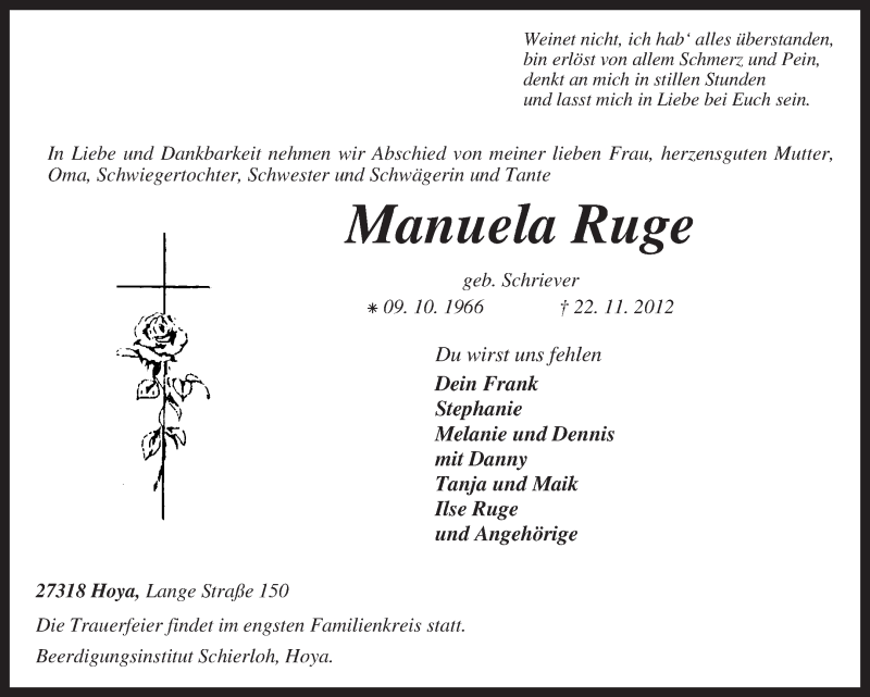  Traueranzeige für Manuela Ruge vom 24.11.2012 aus KRZ