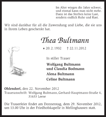 Traueranzeige von Thea Bultmann von KRZ