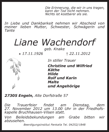 Traueranzeige von Liane Wachendorf von KRZ