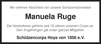 Traueranzeige von Manuela Ruge von KRZ