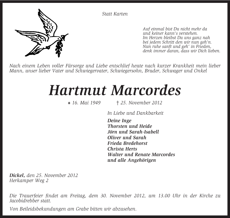  Traueranzeige für Hartmut Marcordes vom 27.11.2012 aus KRZ