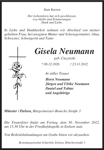 Traueranzeigen von Gisela Neumann | trauer.kreiszeitung.de