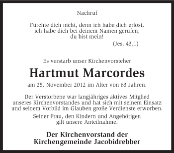 Traueranzeige von Hartmut Marcordes von KRZ