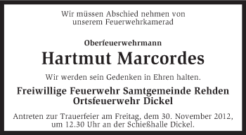 Traueranzeige von Hartmut Marcordes von KRZ