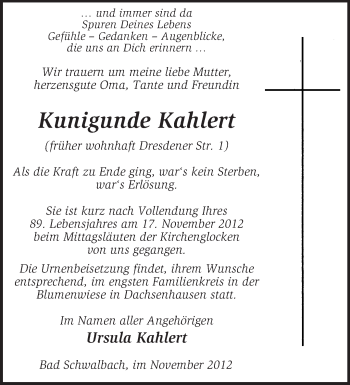 Traueranzeige von Kunigunde Kahlert von KRZ