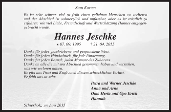 Traueranzeige von Hannes Jeschke von KRZ