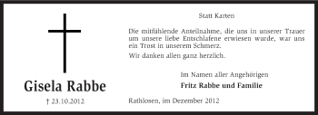 Traueranzeige von Gisela Rabbe von KRZ