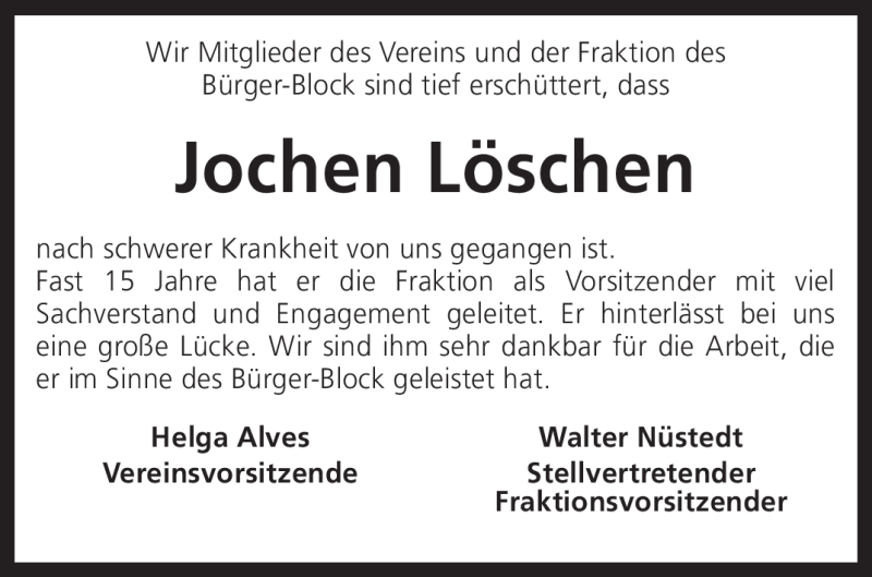  Traueranzeige für Jochen Löschen vom 27.04.2011 aus KREISZEITUNG SYKE