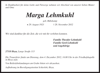 Traueranzeige von Marga Lehmkuhl von KRZ