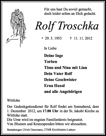 Traueranzeige von Rolf Troschka von KRZ