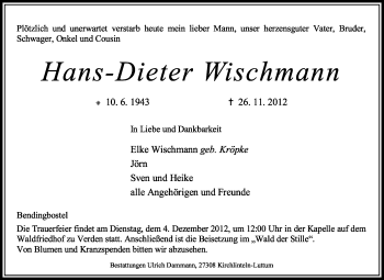 Traueranzeige von Hans-Dieter Wischmann von KRZ