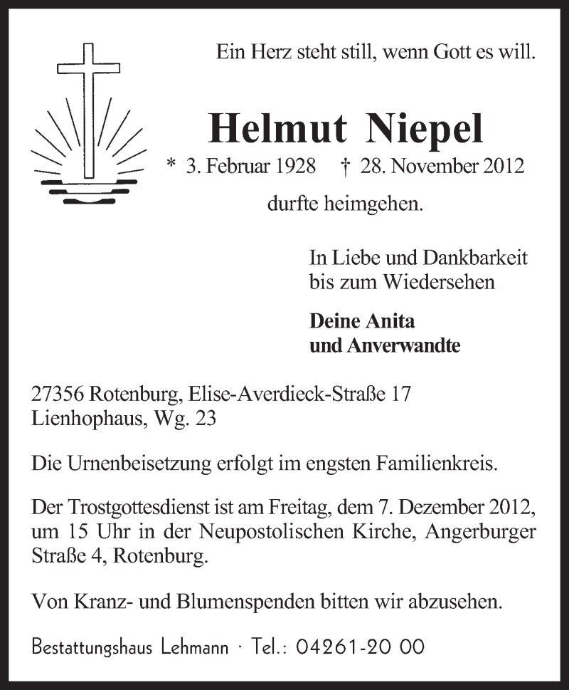  Traueranzeige für Helmut Niepel vom 01.12.2012 aus KRZ