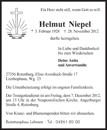 Traueranzeige von Helmut Niepel von KRZ
